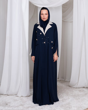 The Celestial Heir luxury navy abaya with celestial embroidery and beige lapel by Le Marque Closet
