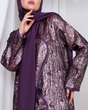 Close-up of premium metallic- thread purple brocade on The Imperial Curve Abaya