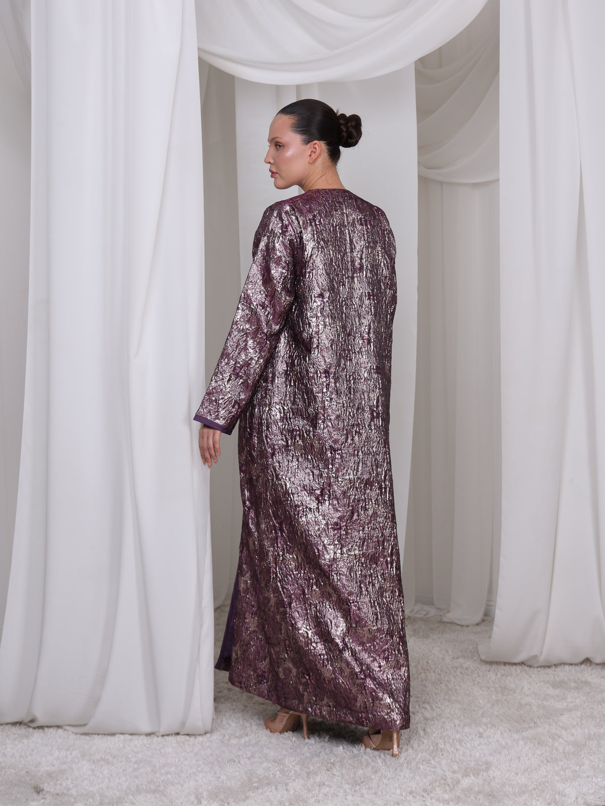 Back view of The Imperial Curve premium purple brocade abaya