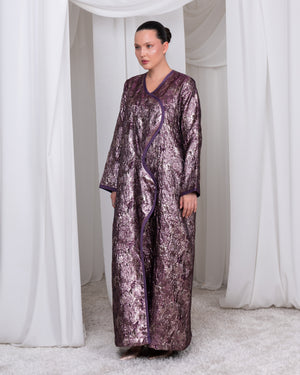 The Imperial Curve luxury purple metallic-thread brocade abaya by Le Marque Closet