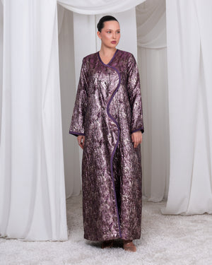 The Imperial Curve luxury purple metallic-thread brocade abaya by Le Marque Closet