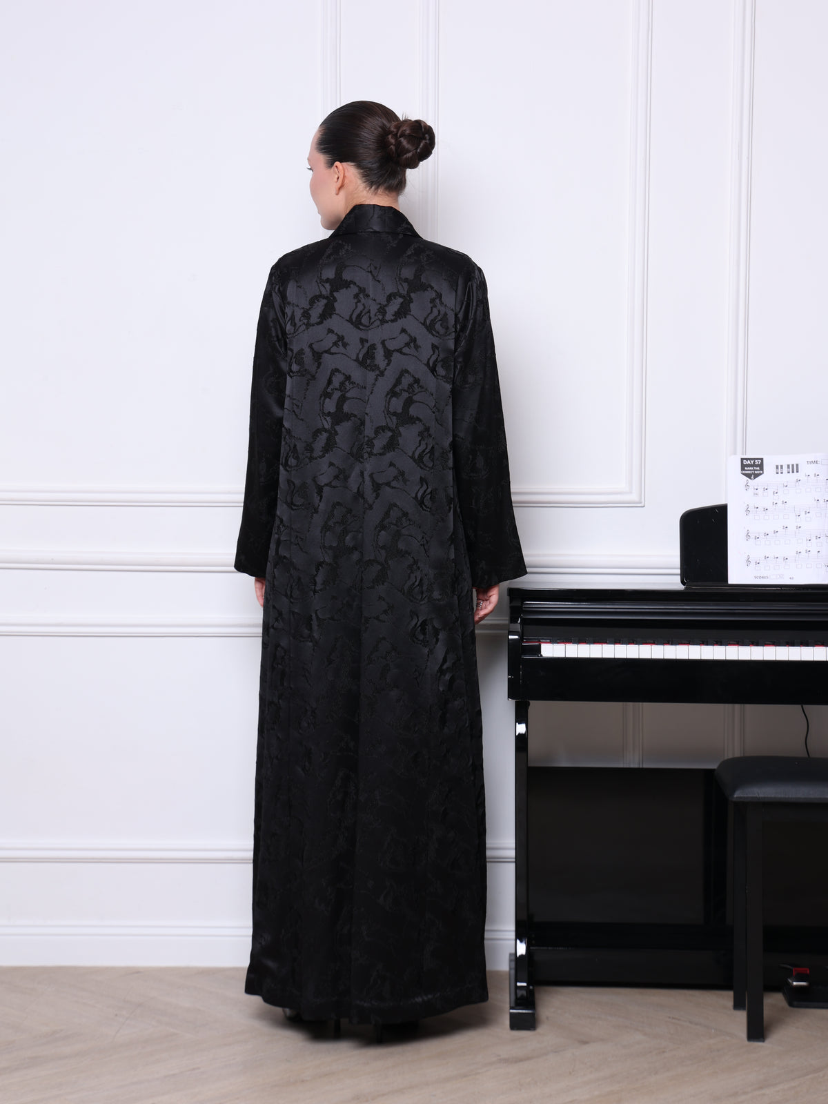 The Majestic Veil luxury black jacquard abaya with distinctive blazer collar by Le Marque Closet