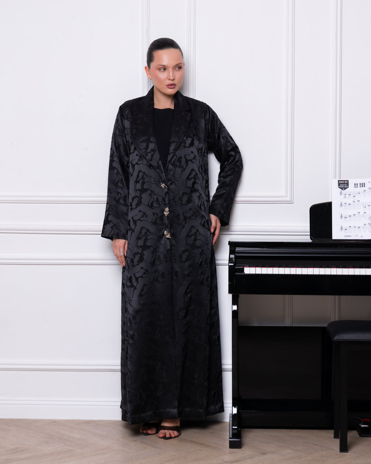 The Majestic Veil luxury black jacquard abaya with distinctive blazer collar by Le Marque Closet
