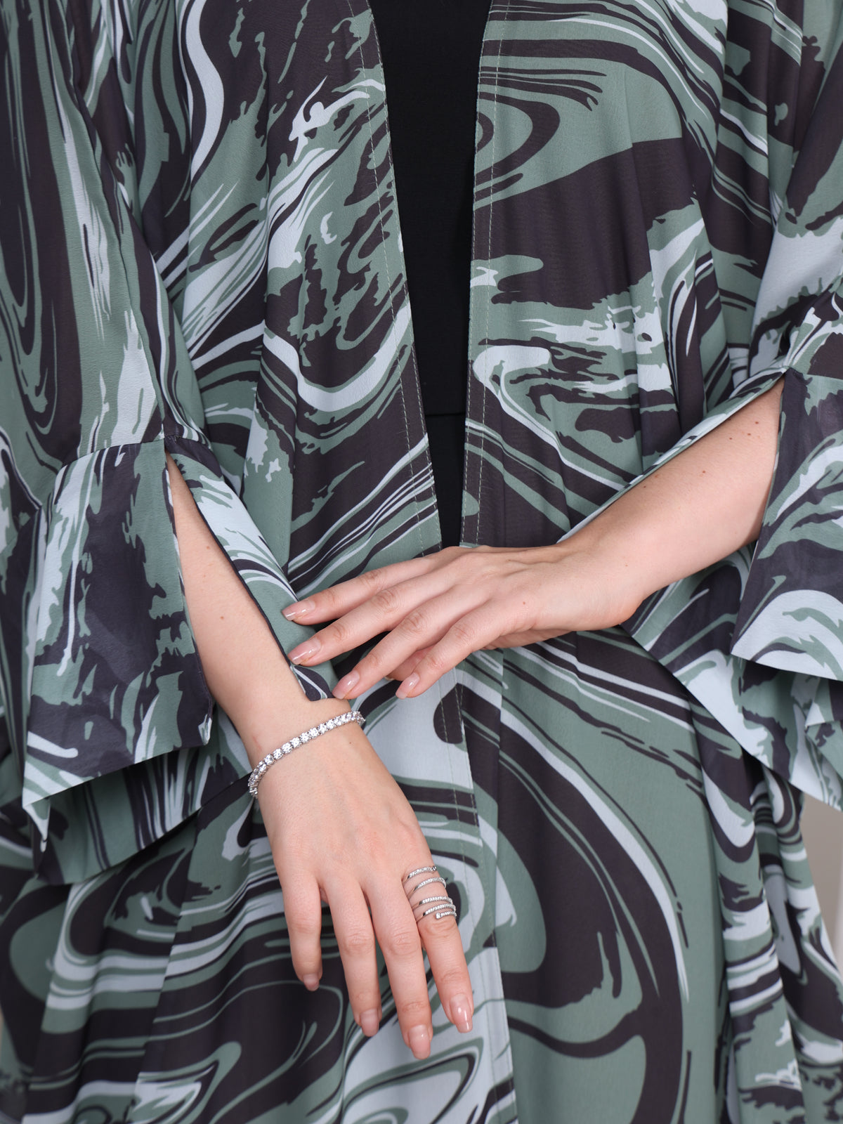 Close-up of the wave-inspired print on The Wave olive abaya