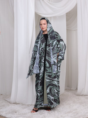 The Wave olive chiffon abaya with matching printed sheila