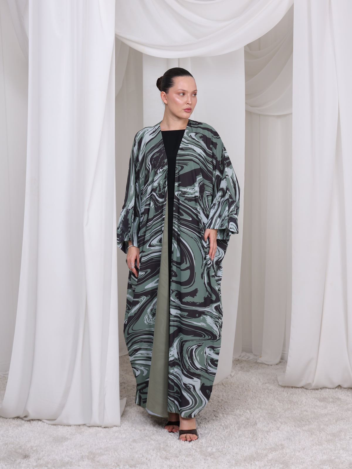 Full of the wave-inspired print on The Wave olive abaya