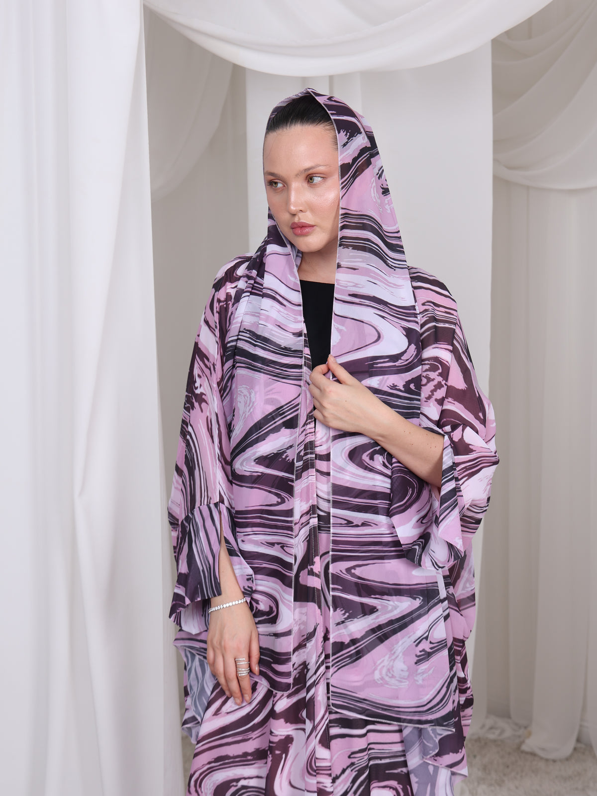 The Wave pink chiffon abaya with matching printed sheila