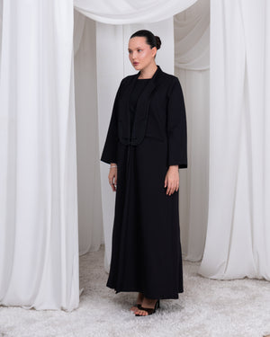 The Regent Poise luxury black A-line abaya with architectural shawl collar by Le Marque Closet