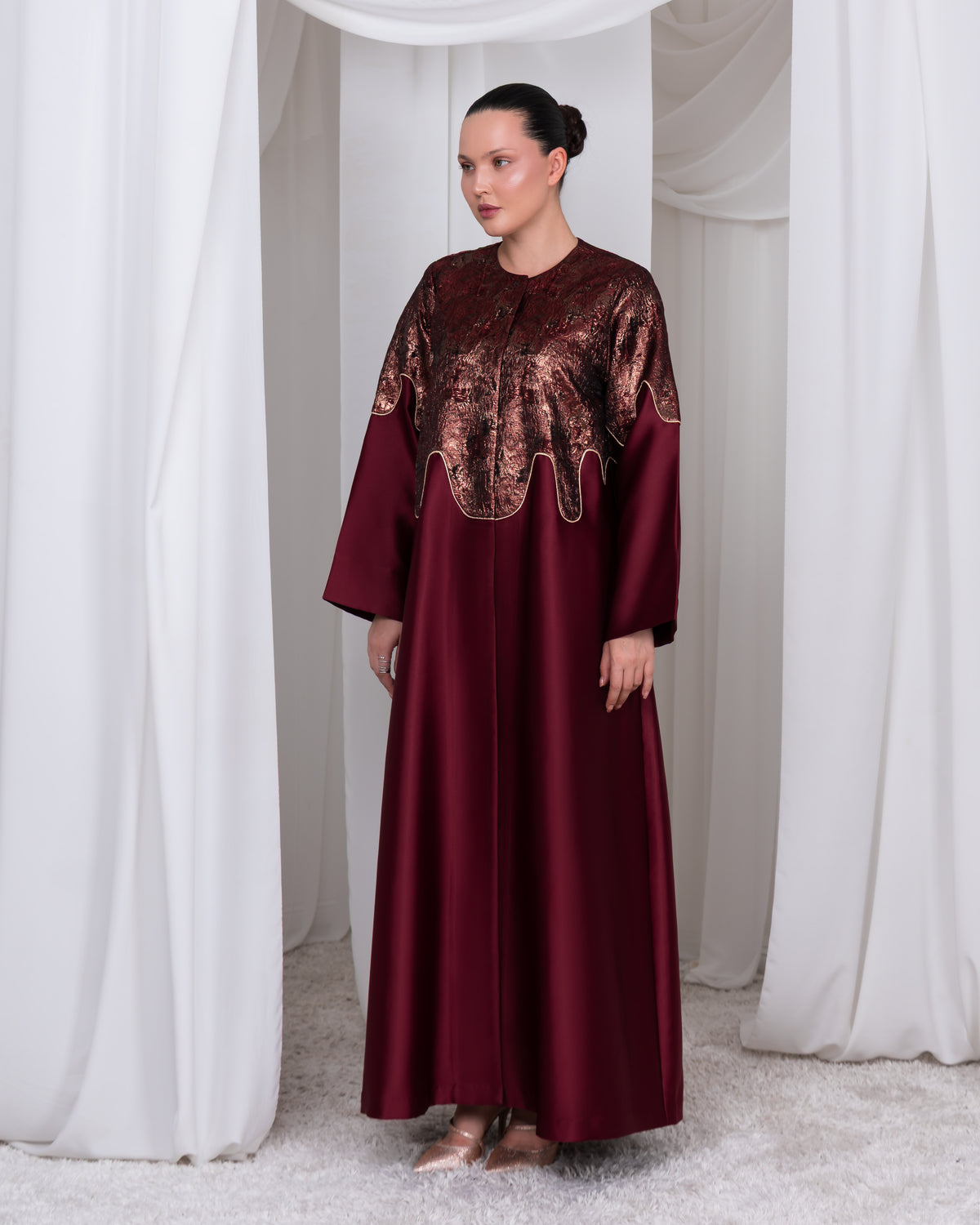 The Royal Edge luxury burgundy brocade and taffeta A-line abaya by Le Marque Closet