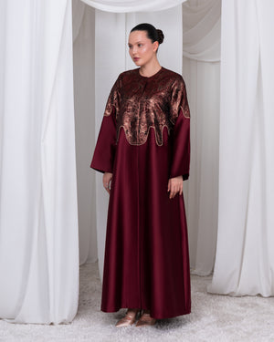 The Royal Edge luxury burgundy brocade and taffeta A-line abaya by Le Marque Closet