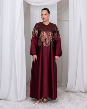 The Royal Edge luxury burgundy brocade and taffeta A-line abaya by Le Marque Closet