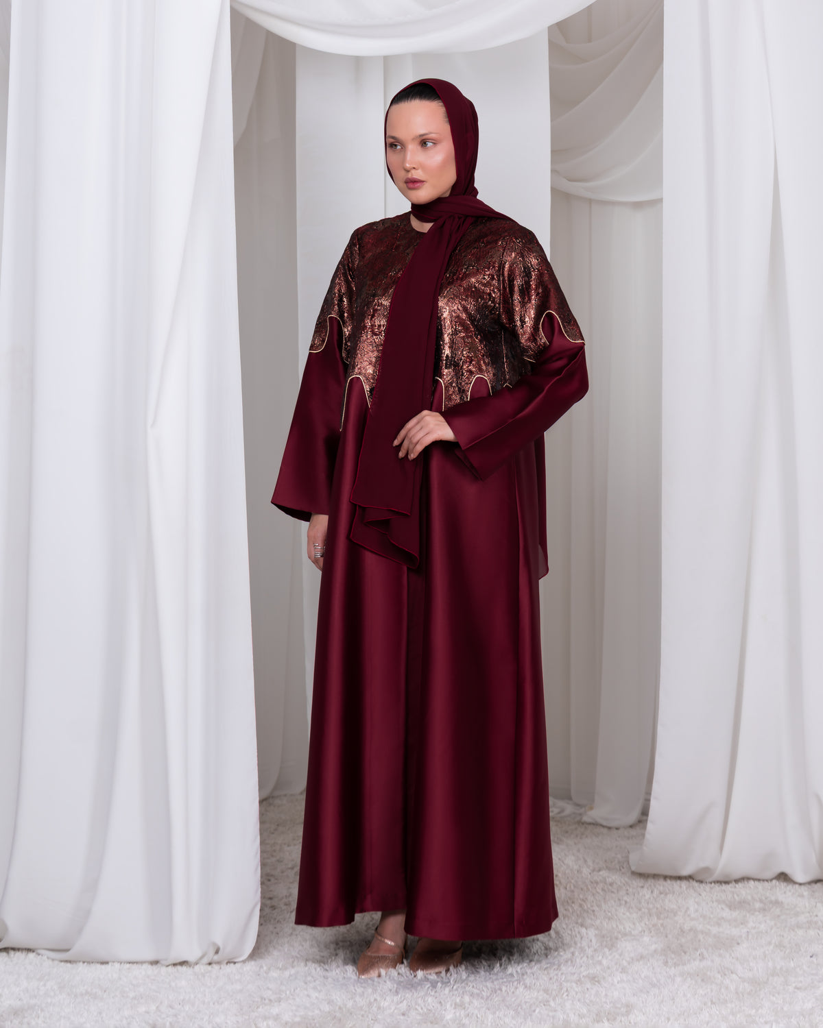 The Royal Edge luxury burgundy brocade and taffeta A-line abaya by Le Marque Closet