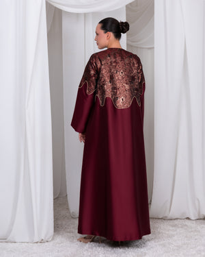 The Royal Edge luxury burgundy brocade and taffeta A-line abaya by Le Marque Closet
