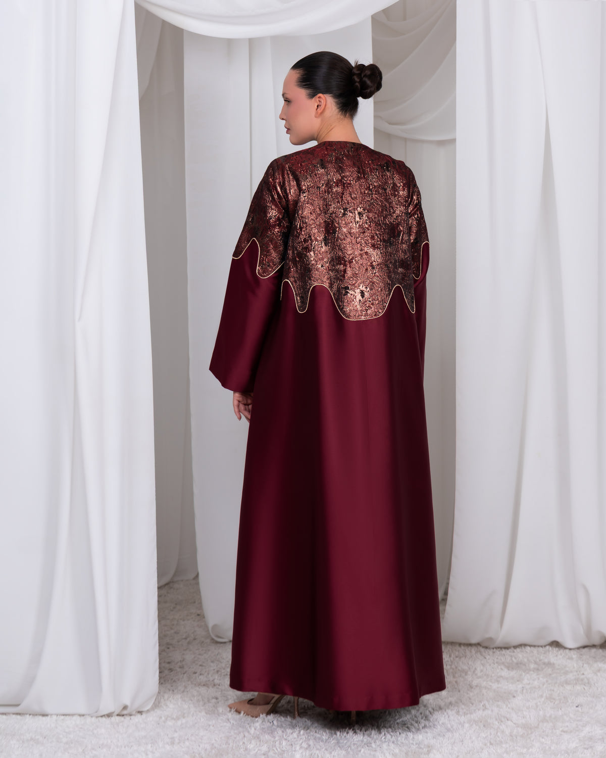 The Royal Edge luxury burgundy brocade and taffeta A-line abaya by Le Marque Closet