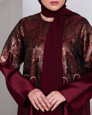 The Royal Edge luxury burgundy brocade and taffeta A-line abaya by Le Marque Closet