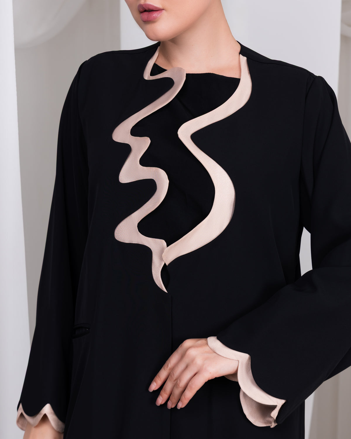 Beige cuff detail on The Sovereign Flow luxury black abaya