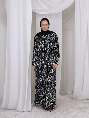 The Swirl luxury black and white printed crepe abaya by Le Marque Closet