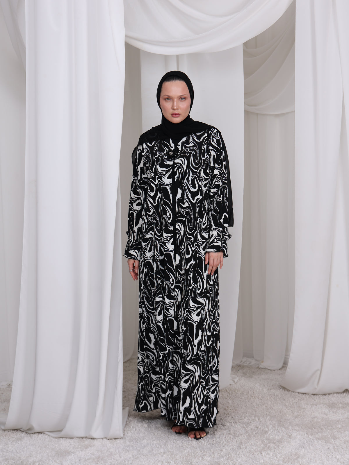 The Swirl luxury black and white printed crepe abaya by Le Marque Closet